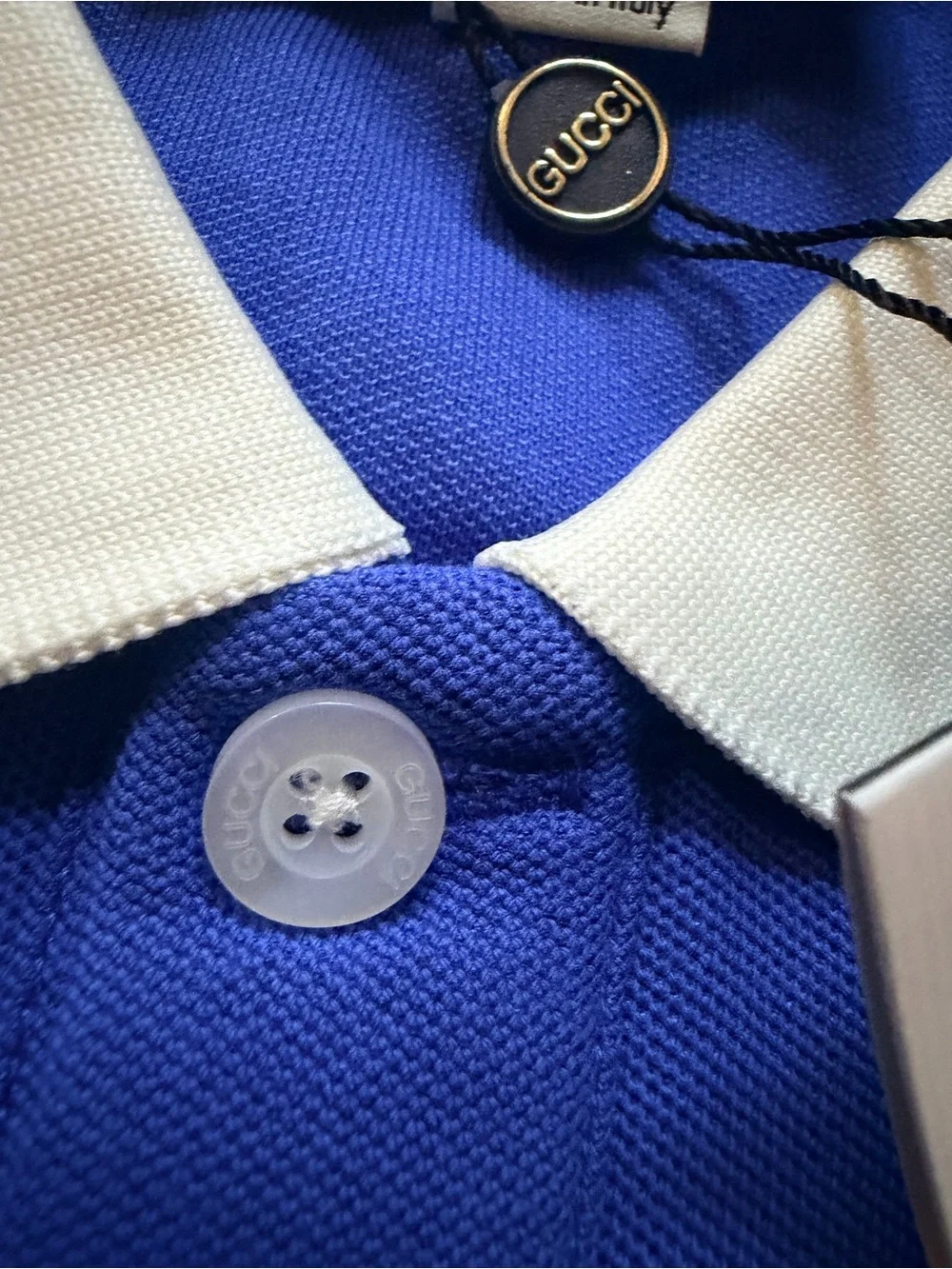 Gucci Men's Cobalt Blue Polo with Contrast Stripe Collar